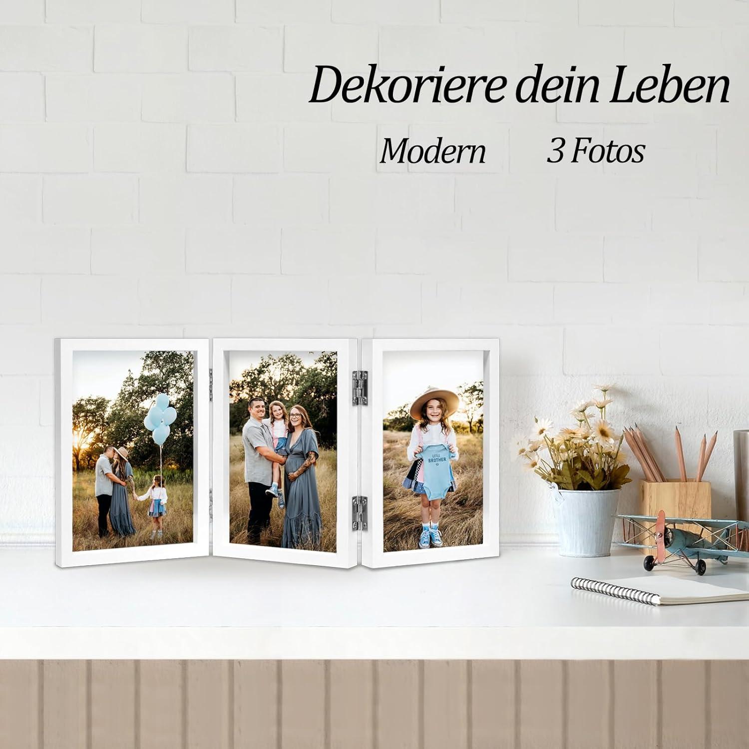 Bilderrahmen für 3 Fotos 13x18 cm Weiß Holz mit Glasfront