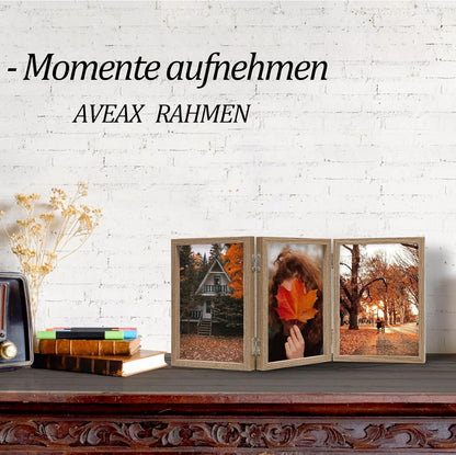 Holz Bilderrahmen 3 Fotos 10x15cm Aufklappbar mit Glasfront