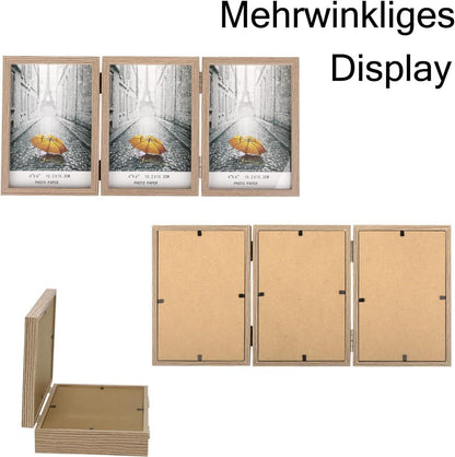 Bilderrahmen 3 Fotos 10x15 cm Holz Aufklappbar Glasfront Holzmaserung