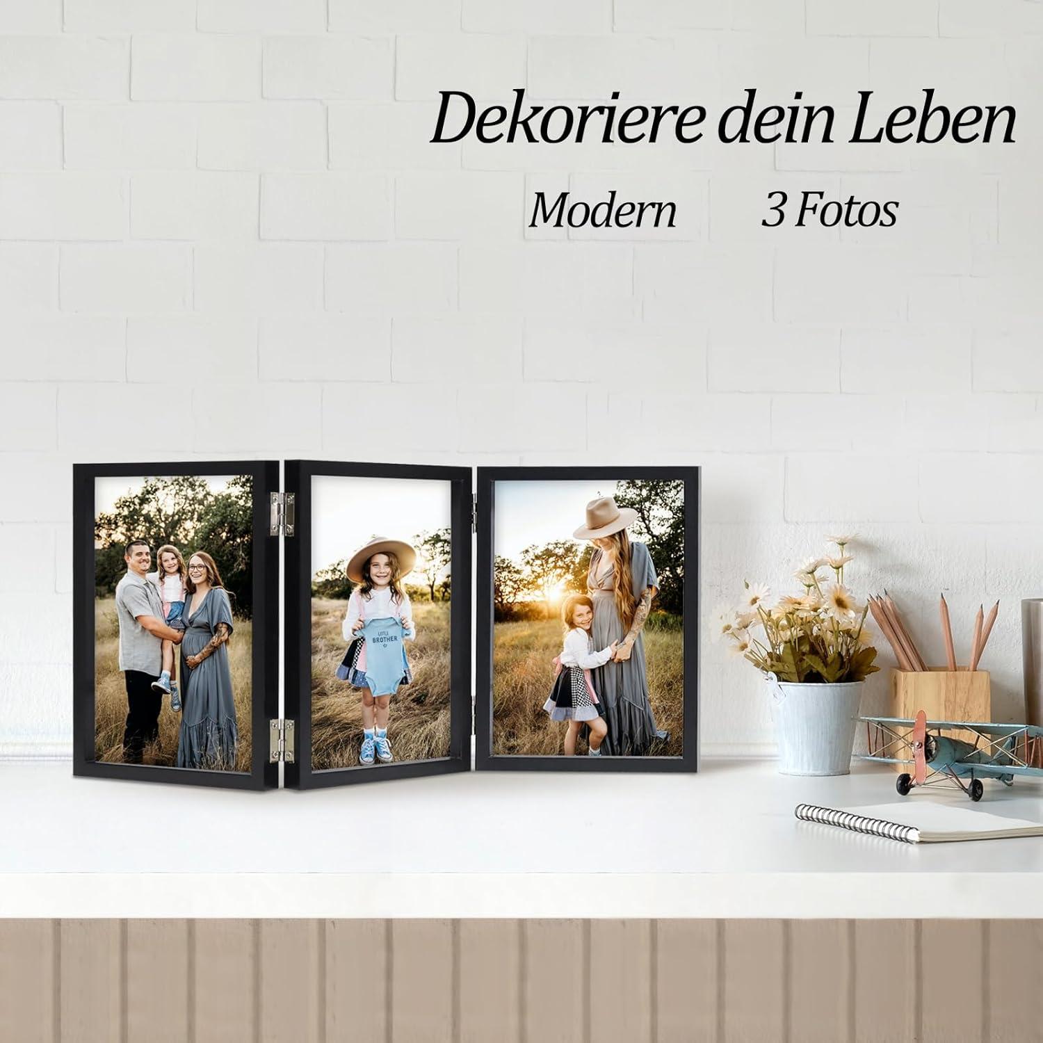 Holz Bilderrahmen für 3 Fotos 13x18 cm Schwarz mit Glasfront