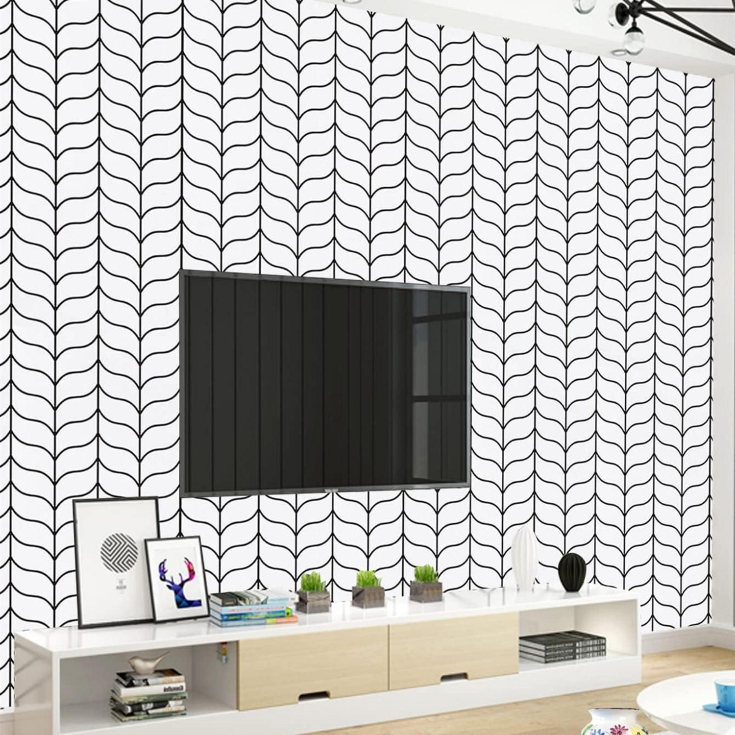 Geometrische Schwarz-Weiß Vinyl Tapete Selbstklebend 44.5x500cm