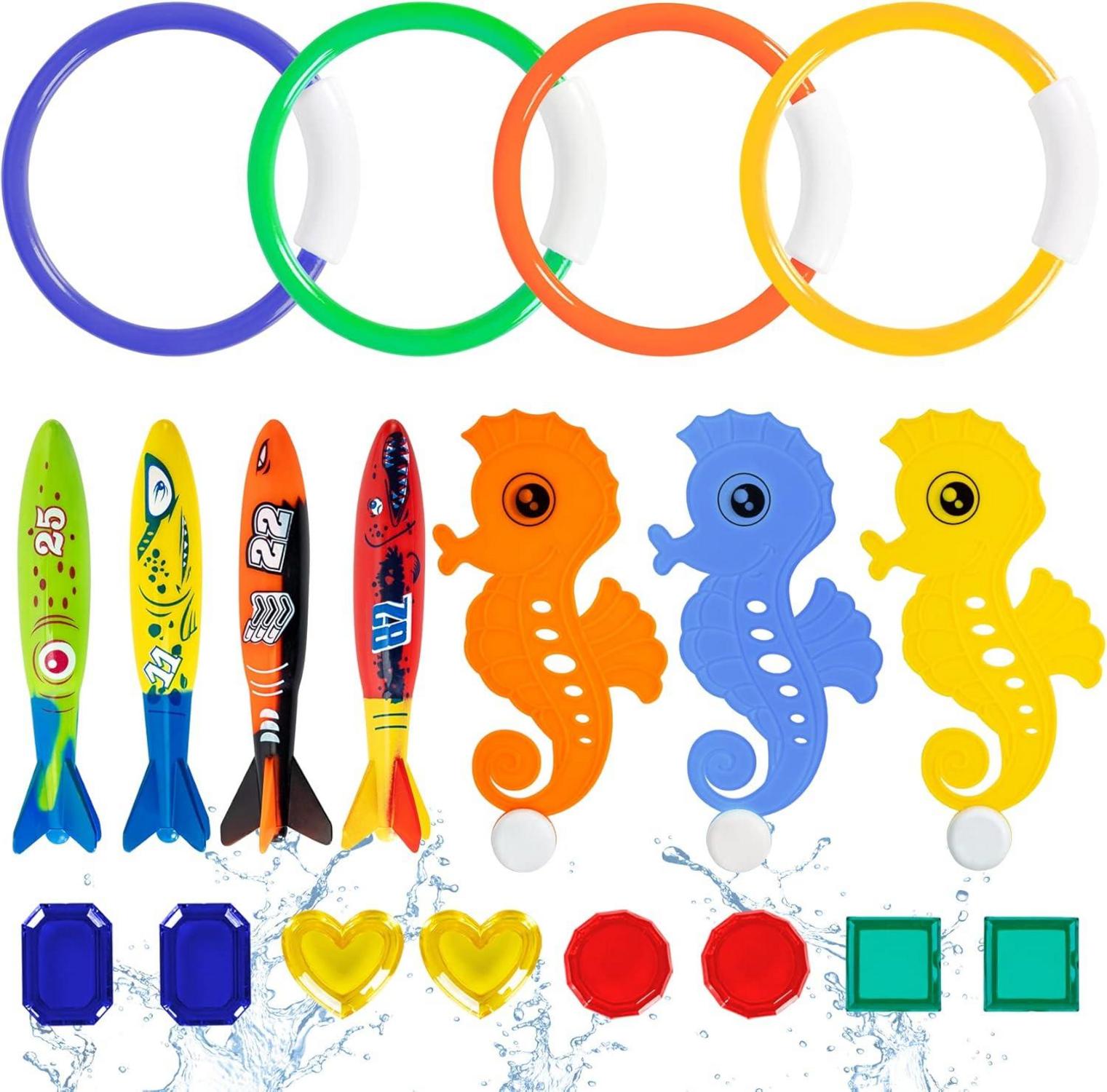 20-teiliges Tauchspielzeug Set mit Tauchringen und Tauchtorpedos