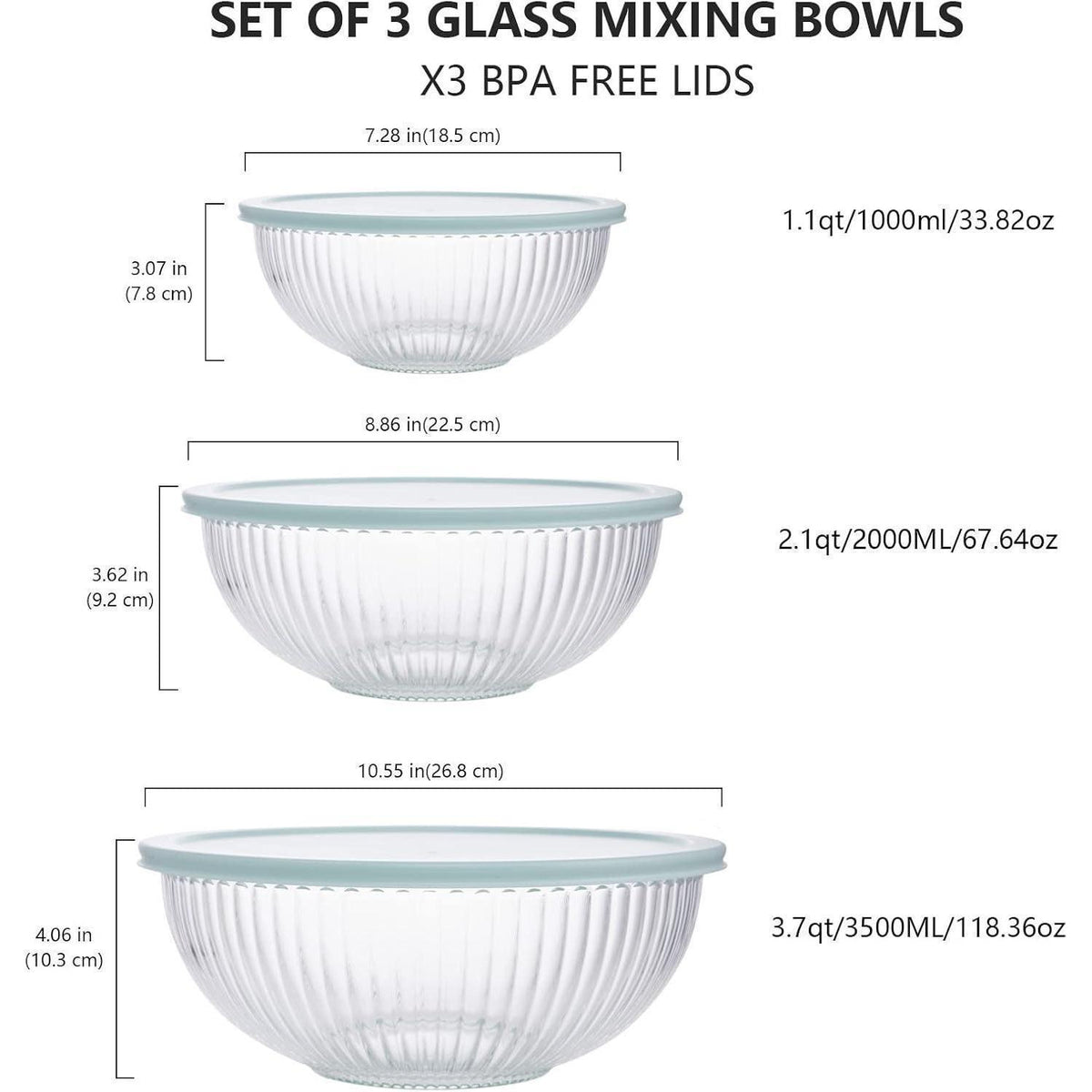 Glas Rührschüssel Set mit Deckel 3er, 3.5L/2L/1L, Kühl-/Hitzebeständig