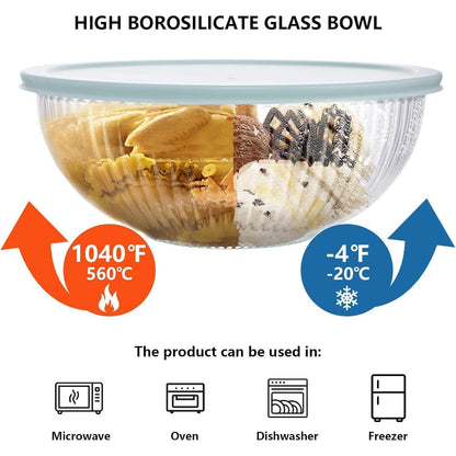 Glas Rührschüssel Set mit Deckel 3er, 3.5L/2L/1L, Kühl-/Hitzebeständig