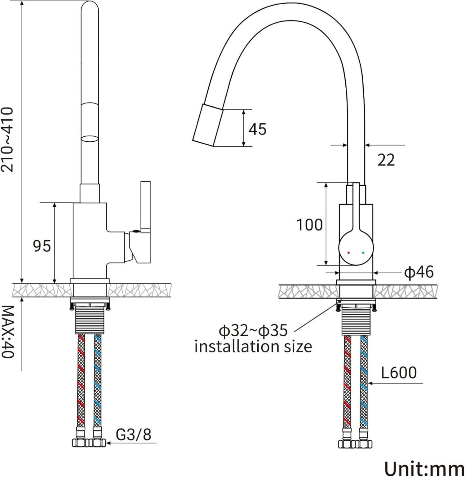 Küchenarmatur Flexibler Silikonschlauch Hochdruck 360° drehbar Grau