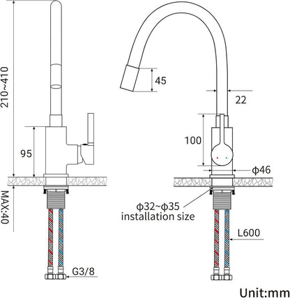 Küchenarmatur Flexibler Silikonschlauch Hochdruck 360° drehbar Grau
