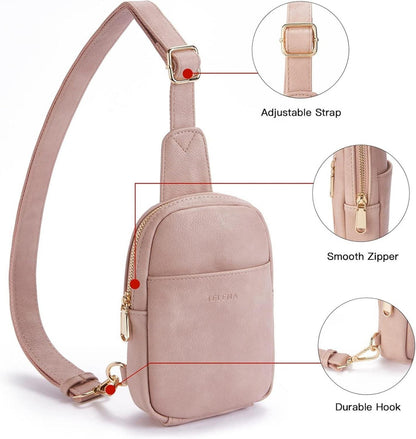Telena Damen Brusttasche Mini Kunstleder Crossbody Bag Hellrosa