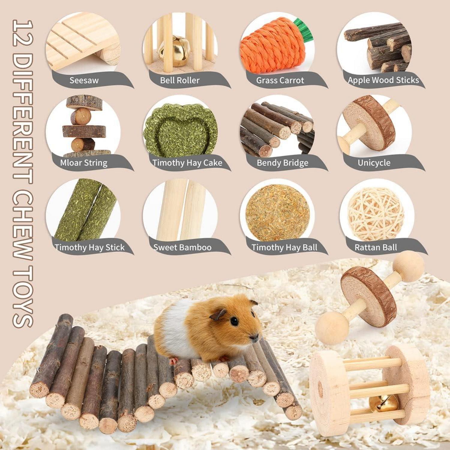 Nagetierspielzeug Set: Kaustäbchen, Heukuchen, Versteck, Spielzeugball, Hamsterrad, Weidenkugel, Chinchillazubehör