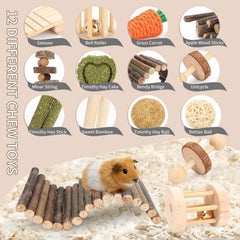 Nagetierspielzeug Set: Kaustäbchen, Heukuchen, Versteck, Spielzeugball, Hamsterrad, Weidenkugel, Chinchillazubehör