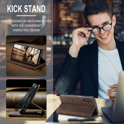 Samsung Galaxy A14 5G Handyhülle Premium Leder Flip Case Stand Kaffee