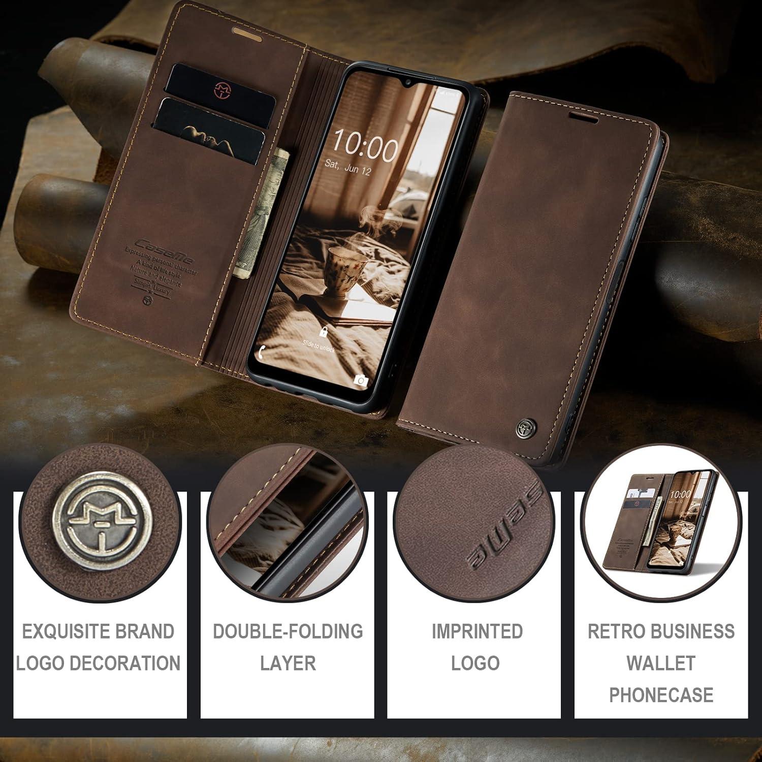 Samsung Galaxy A14 5G Handyhülle Premium Leder Flip Case Stand Kaffee