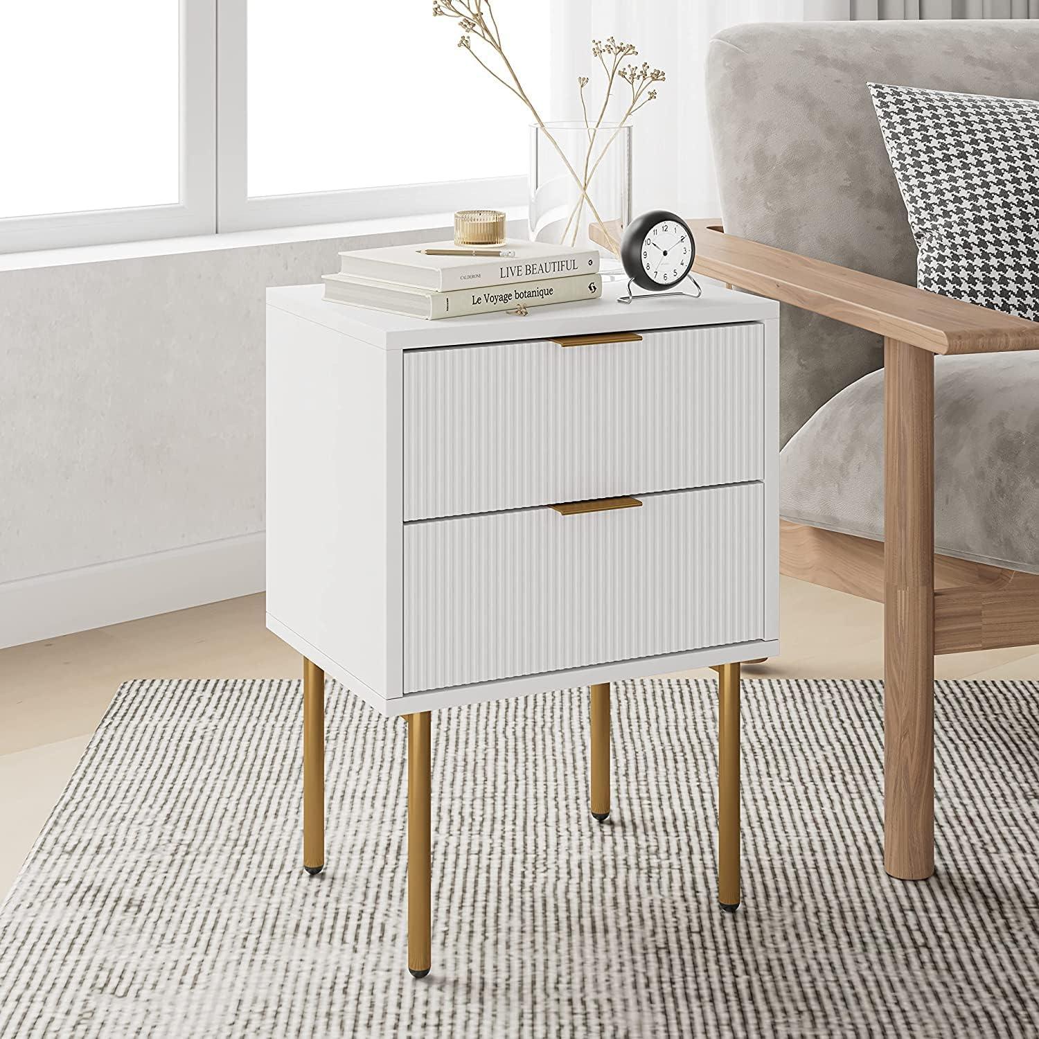 Nachttisch Schlafzimmer Wohnzimmer Weiß Gold MDF 2 Schubladen