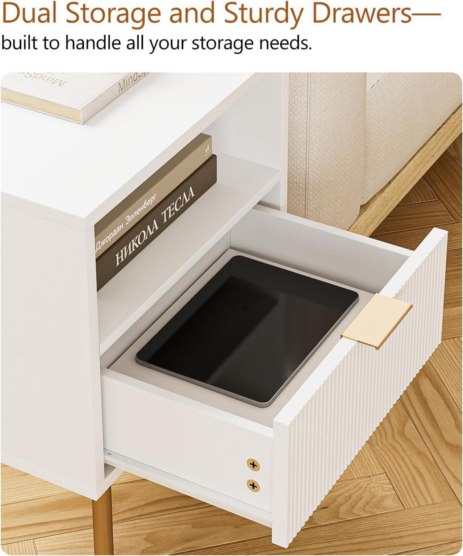 Modern Nachttisch 1 offene Ablage 1 Schublade Weiß Gold