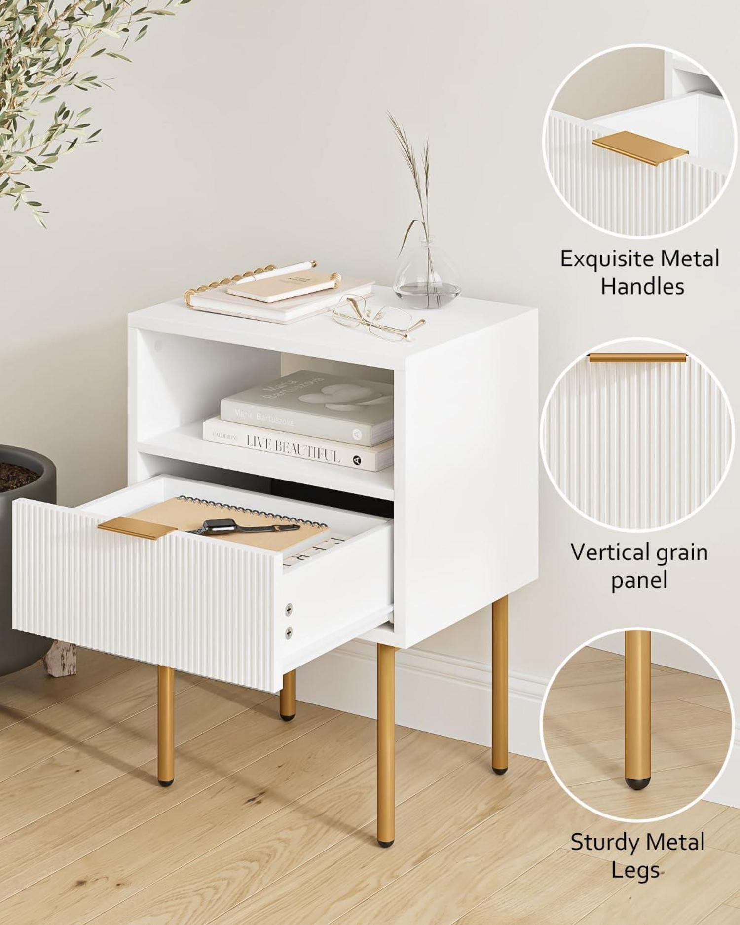 Nachtschrank Weiß Gold 1 Schublade Offene Ablage Modern