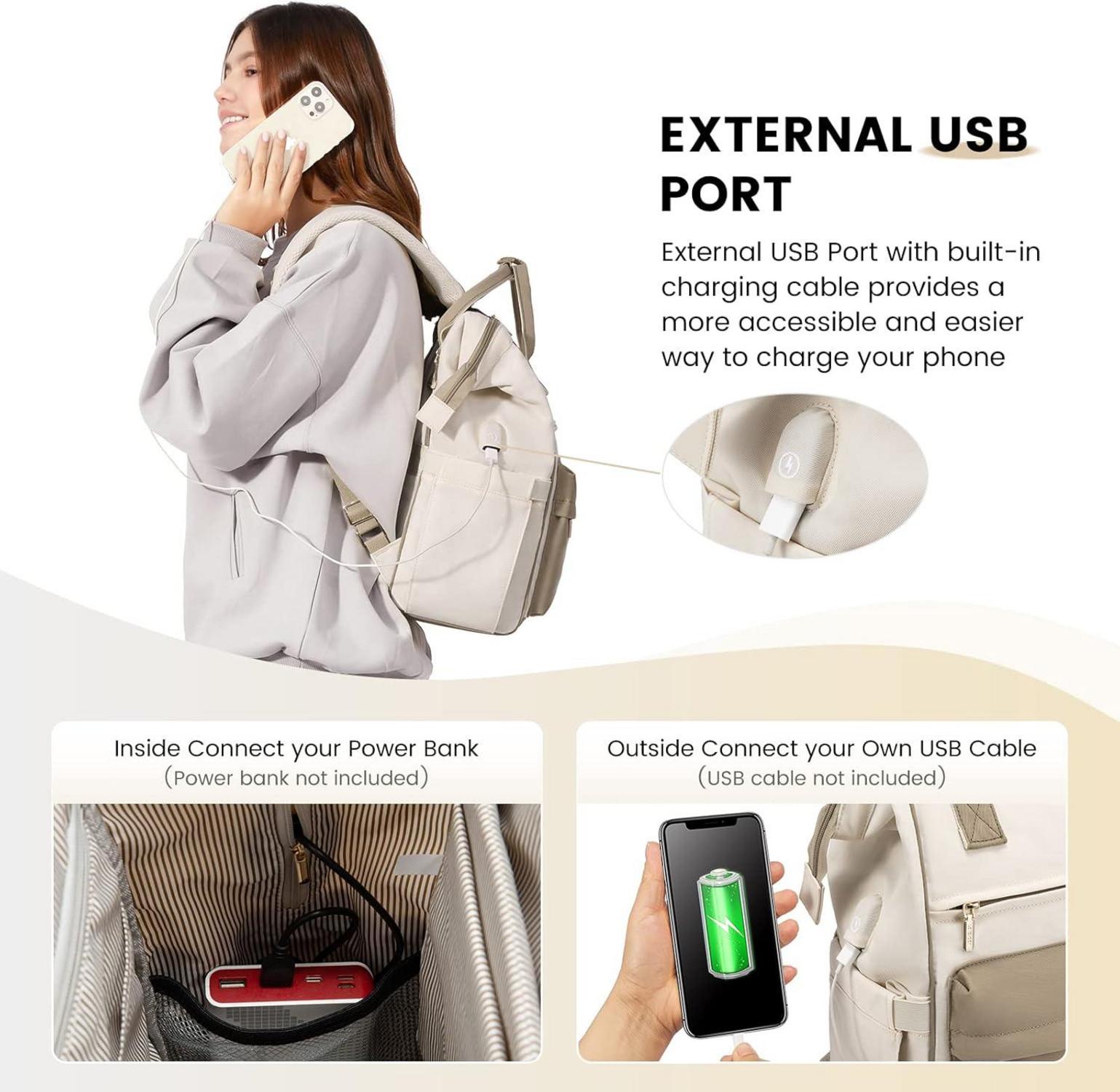 Rucksack Damen 17 Zoll Laptop USB Ladeanschluss Wasserdicht Beige