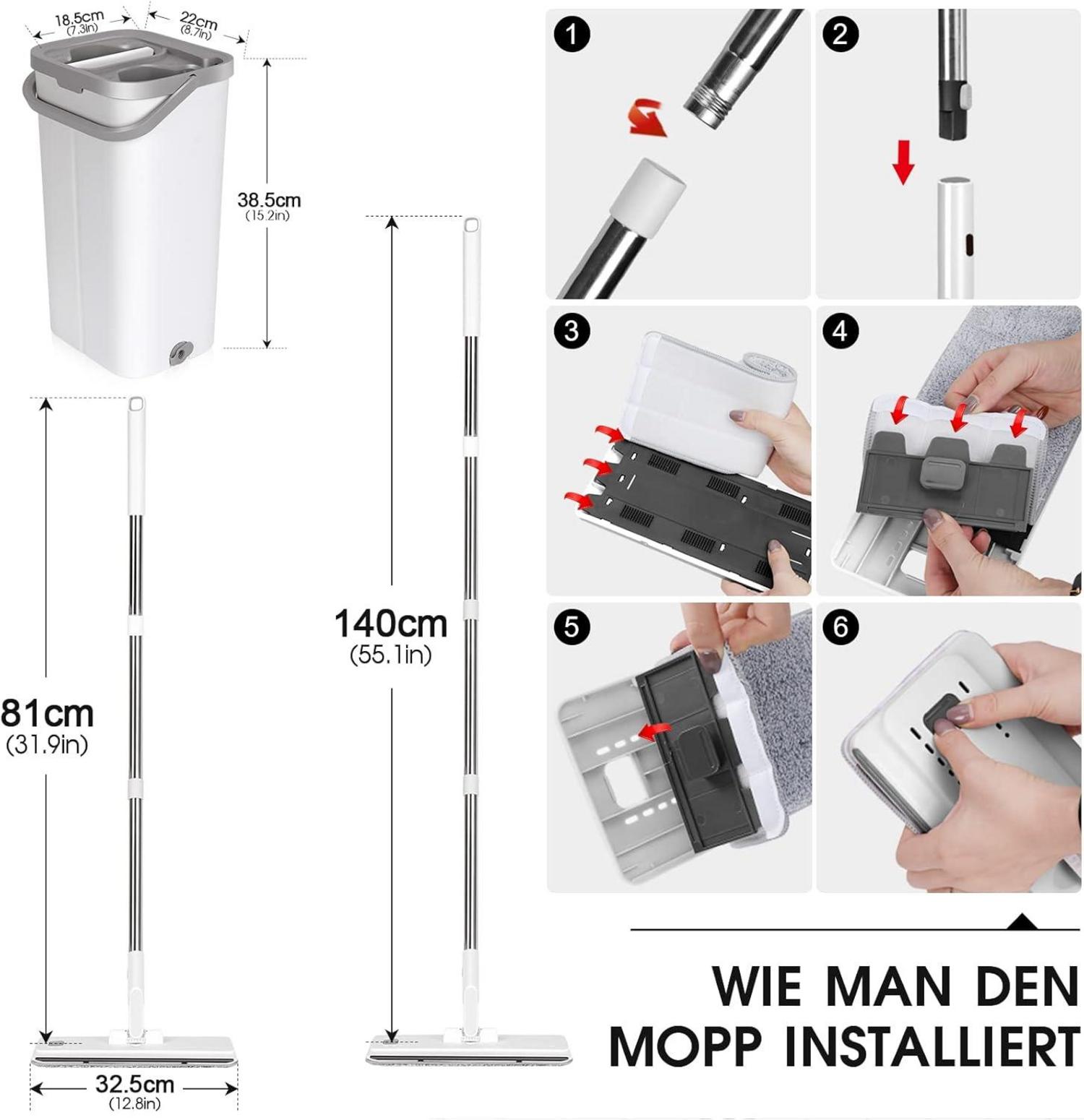 Wischmopp Set mit Eimer und 10 Mikrofaser Wischpads