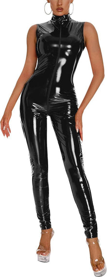 Damen Wetlook Overall Langarm Catwomen Party Clubwear 4-schwarz