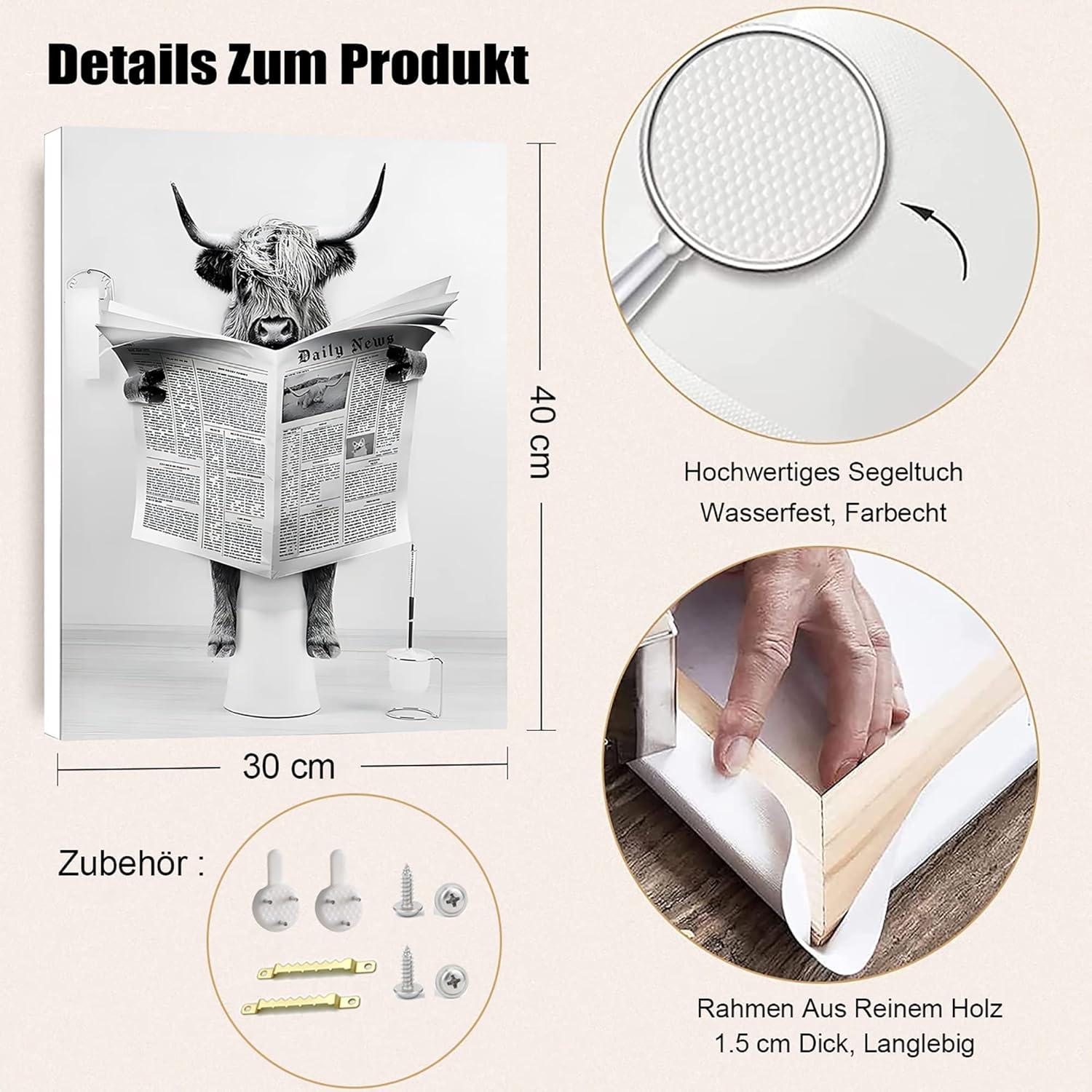 Hochland Kuh Badezimmer Bilder Set 30x40 cm Schwarz