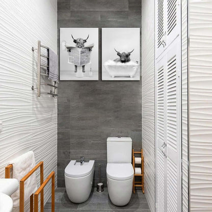 Hochland Kuh Badezimmer Bilder Set 30x40 cm Leinwand Schwarz Weiß Wandkunst