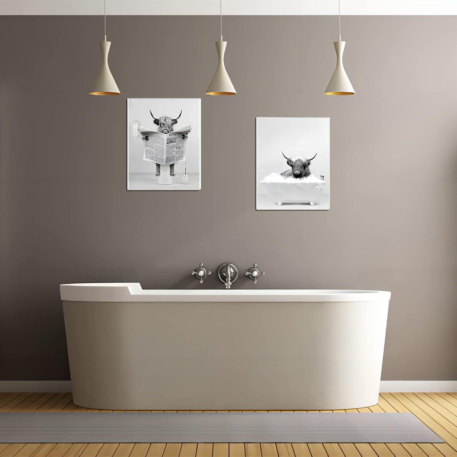 Hochland Kuh Badezimmer Bilder Set 30x40 cm Leinwand Schwarz Weiß Wandkunst