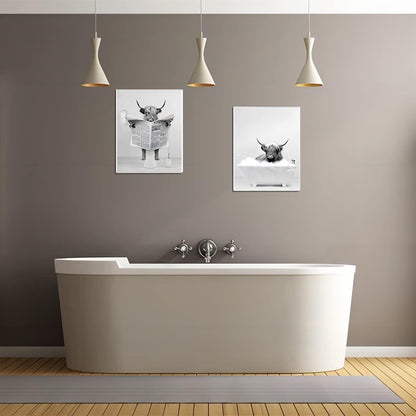 Hochland Kuh Badezimmer Bilder Set 30x40 cm Leinwand Schwarz Weiß Wandkunst