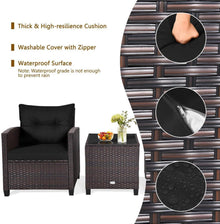 3tlg. Balkonmöbel Set in Schwarz mit Polyrattan und Kissen