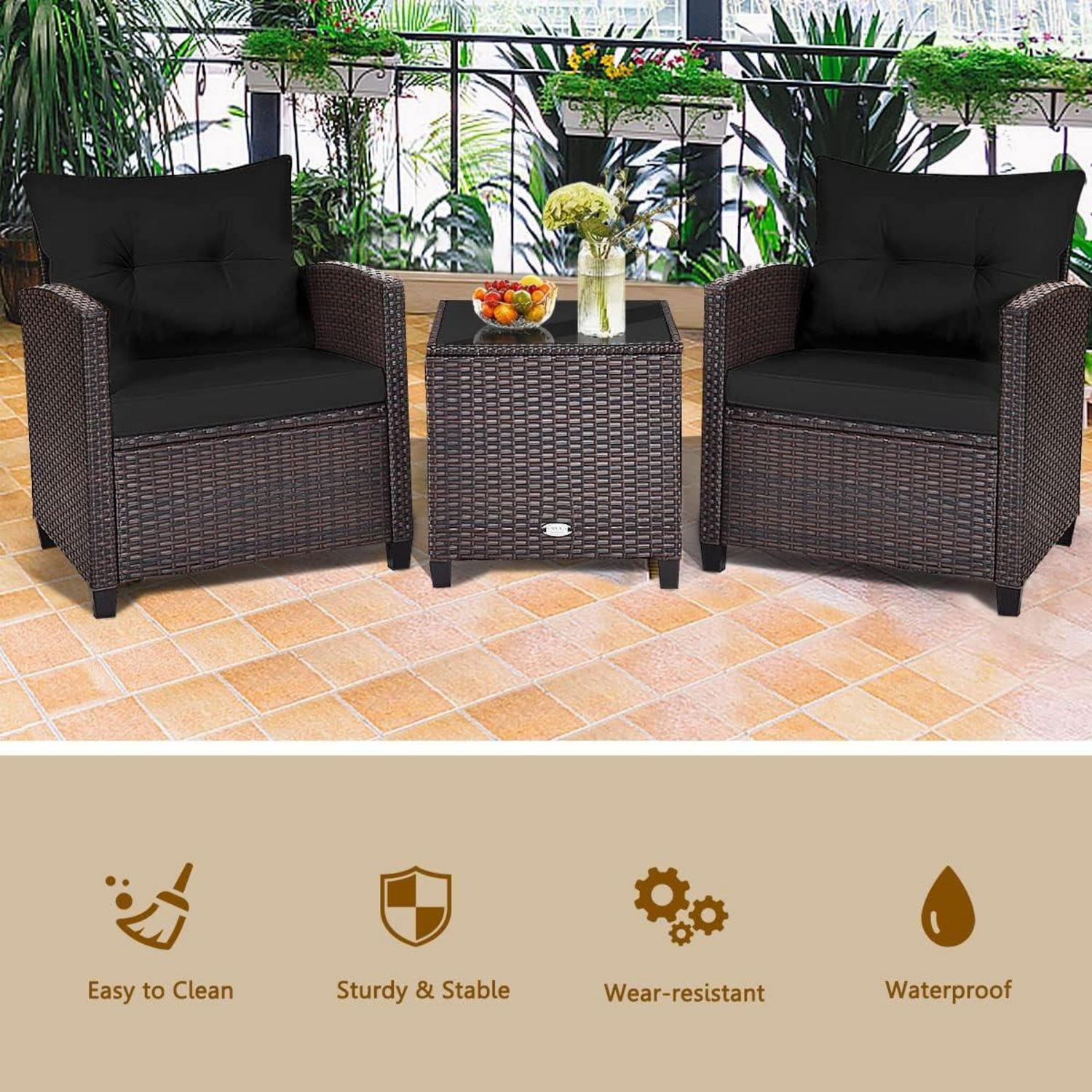 3tlg. Polyrattan Gartenmöbel Set für Garten & Balkon - Schwarz