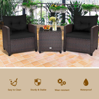 3tlg. Polyrattan Gartenmöbel Set für Garten & Balkon - Schwarz