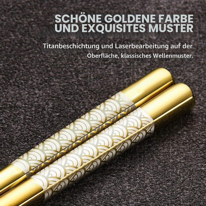 Edelstahl Essstäbchen Set mit Ständer - Goldenes Geschenk im Japan-Stil