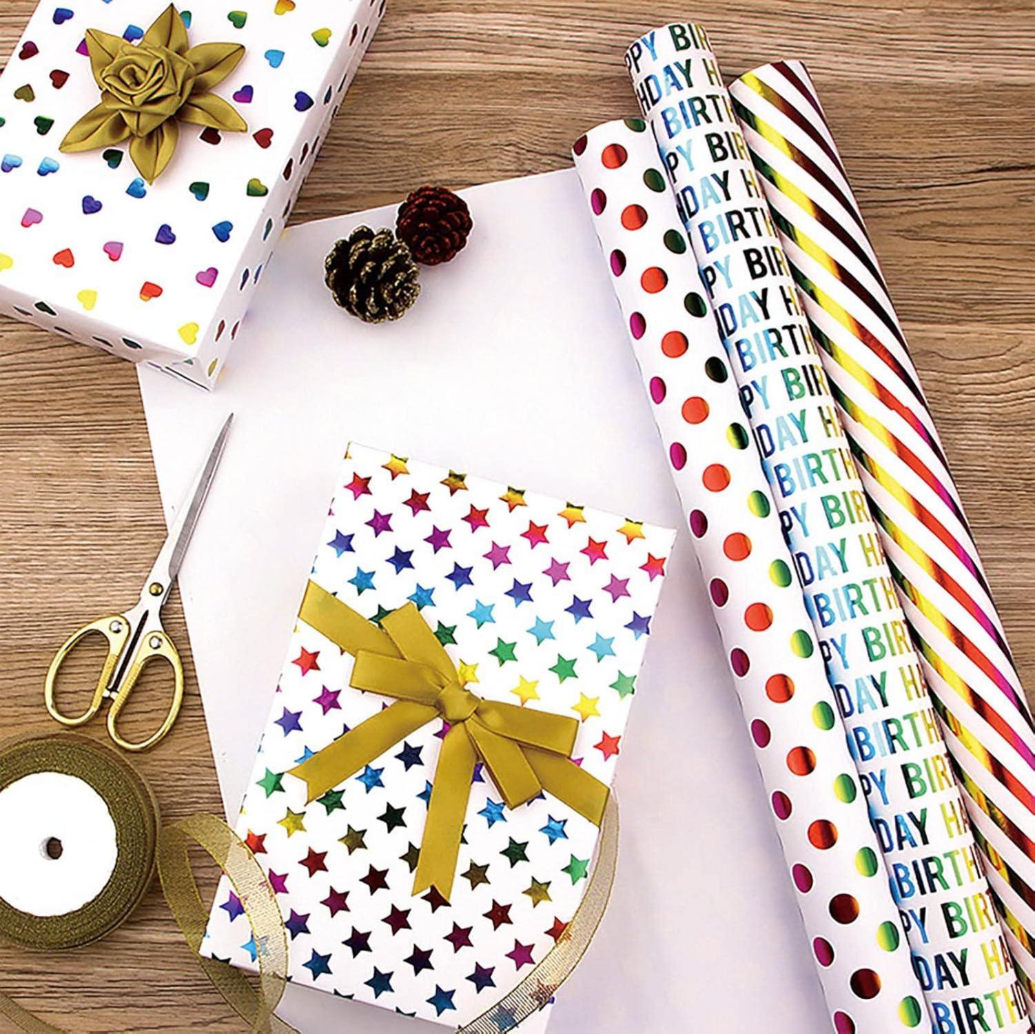 Regenbogen Geschenkpapier - 3 Rollen, 43cm x 3m, Glitzernd, Bunt, Geburtstag
