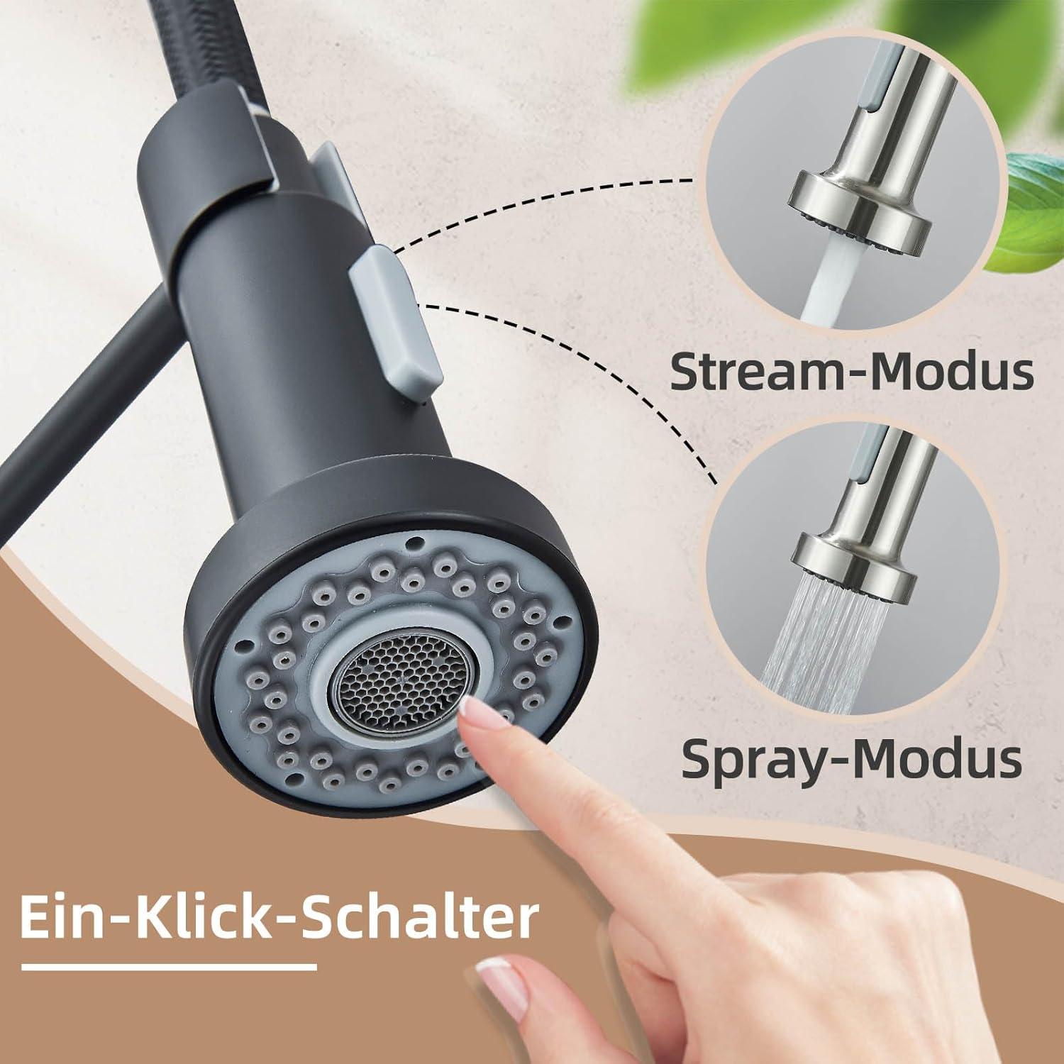 Küchenarmatur Schwarz mit Brause 360° Schwenkbar ausziehbar
