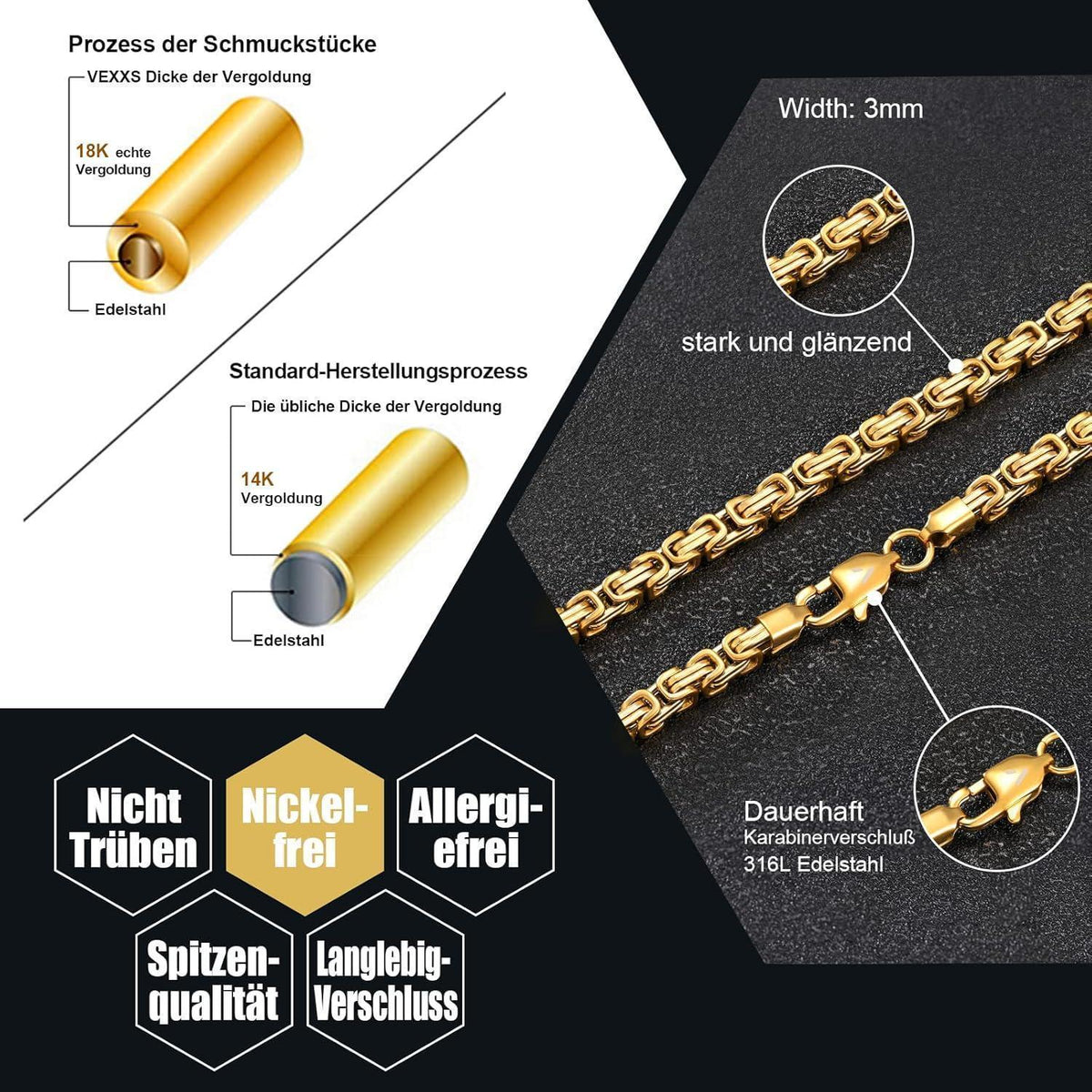 Königskette 4/6mm 18K Gold beschichtet Edelstahl, Herren Damen, 45-65cm