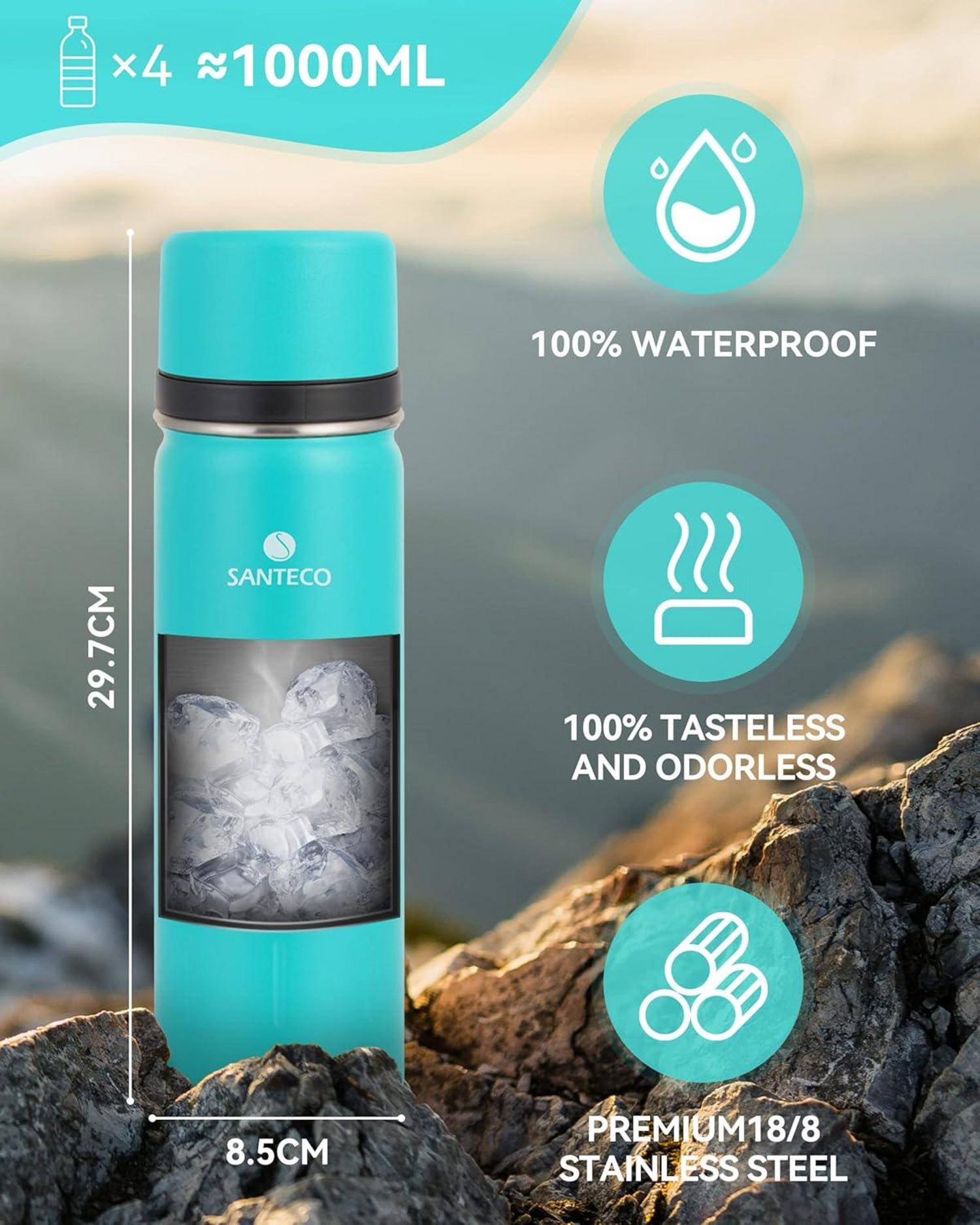 SANTECO Thermosflasche Edelstahl 1l, 500ml BPA-frei Isolierflasche Trinkbecher