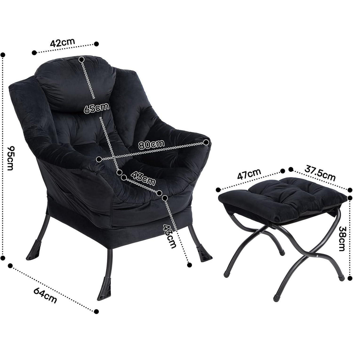 Ohrensessel mit Hocker | Samt Relaxsessel Wohnzimmer Sessel Schwarz
