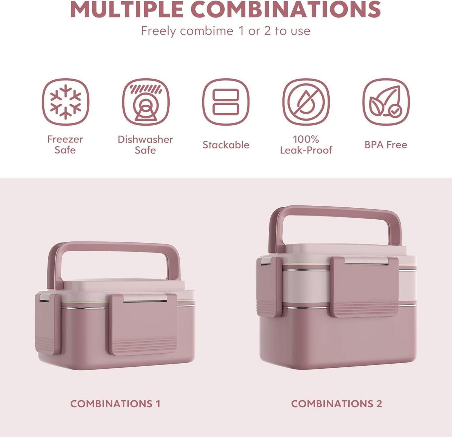 WayEee Bento Box Lunchbox Erwachsene Edelstahlfach Auslaufsicher 1500ml - Rosa