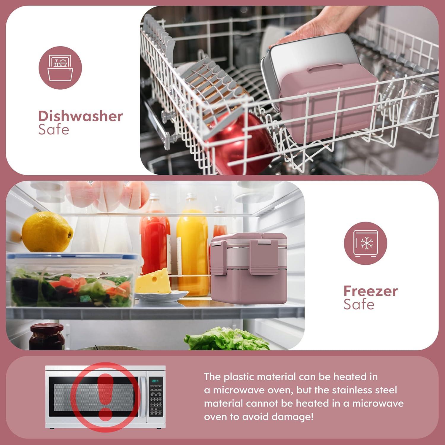 WayEee Bento Box Lunchbox Erwachsene Edelstahlfach Auslaufsicher 1500ml - Rosa