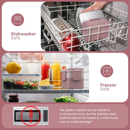 WayEee Bento Box Lunchbox Erwachsene Edelstahlfach Auslaufsicher 1500ml - Rosa