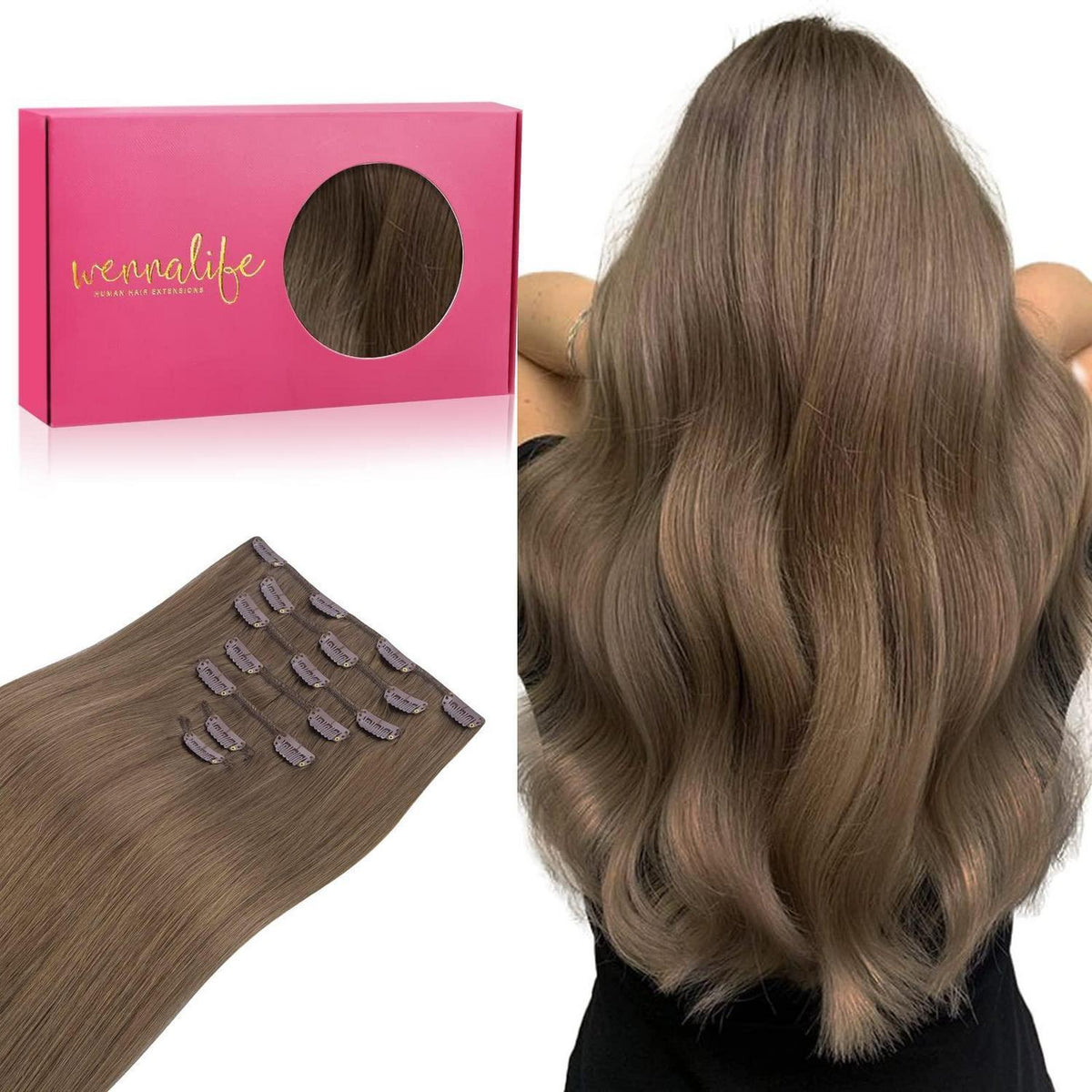 Clip in Haarverlängerung Echthaar Ash Braun 45cm