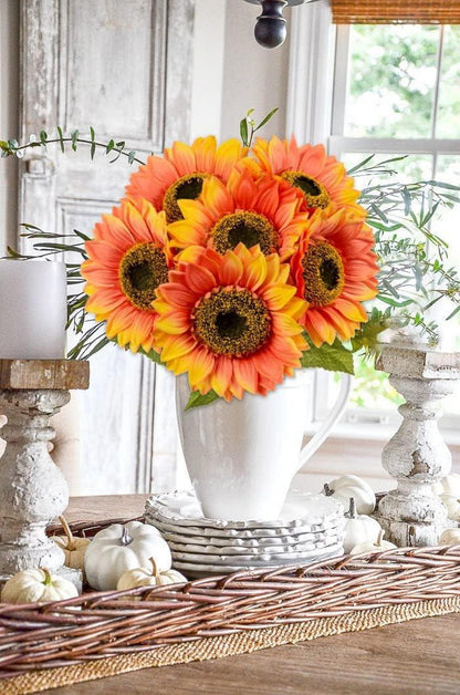 Große Künstliche Sonnenblumen Set 6 Stück Orange 65cm Seidenblumen für Deko
