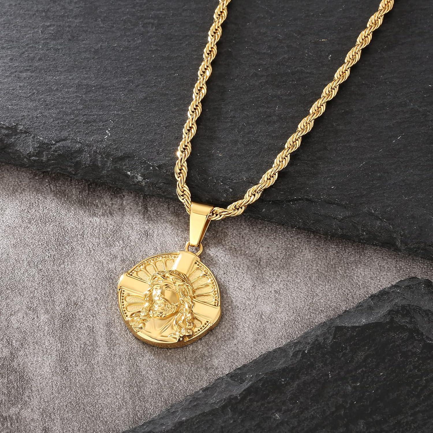 Herren Jesus Münze Anhänger Kette 18K vergoldet 55,9cm Edelstahl Goldkette