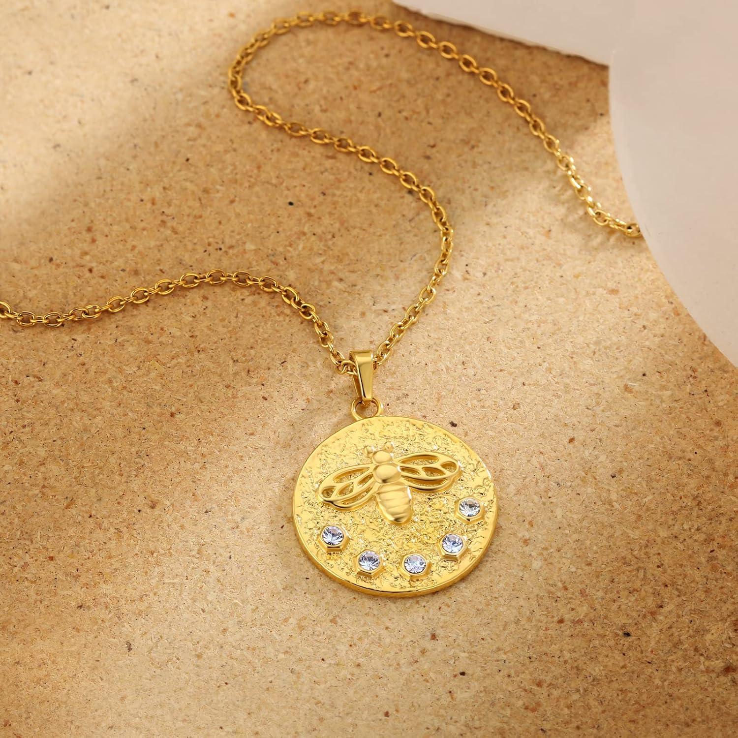KRKC&CO Biene Medaillon Anhänger Kette vergoldet 1.4mm Edelstahl 41+5cm