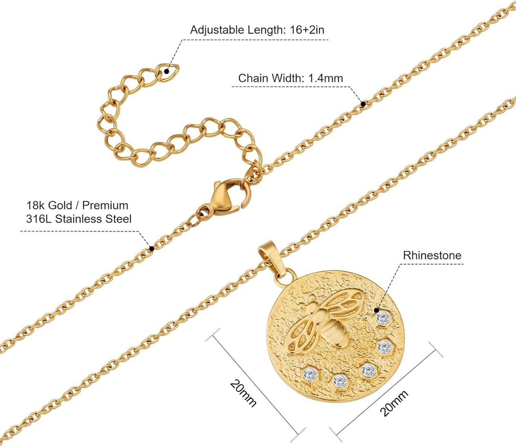 KRKC&CO Biene Anhänger Kette 1.4mm vergoldet Edelstahl verstellbare Länge 41+5cm