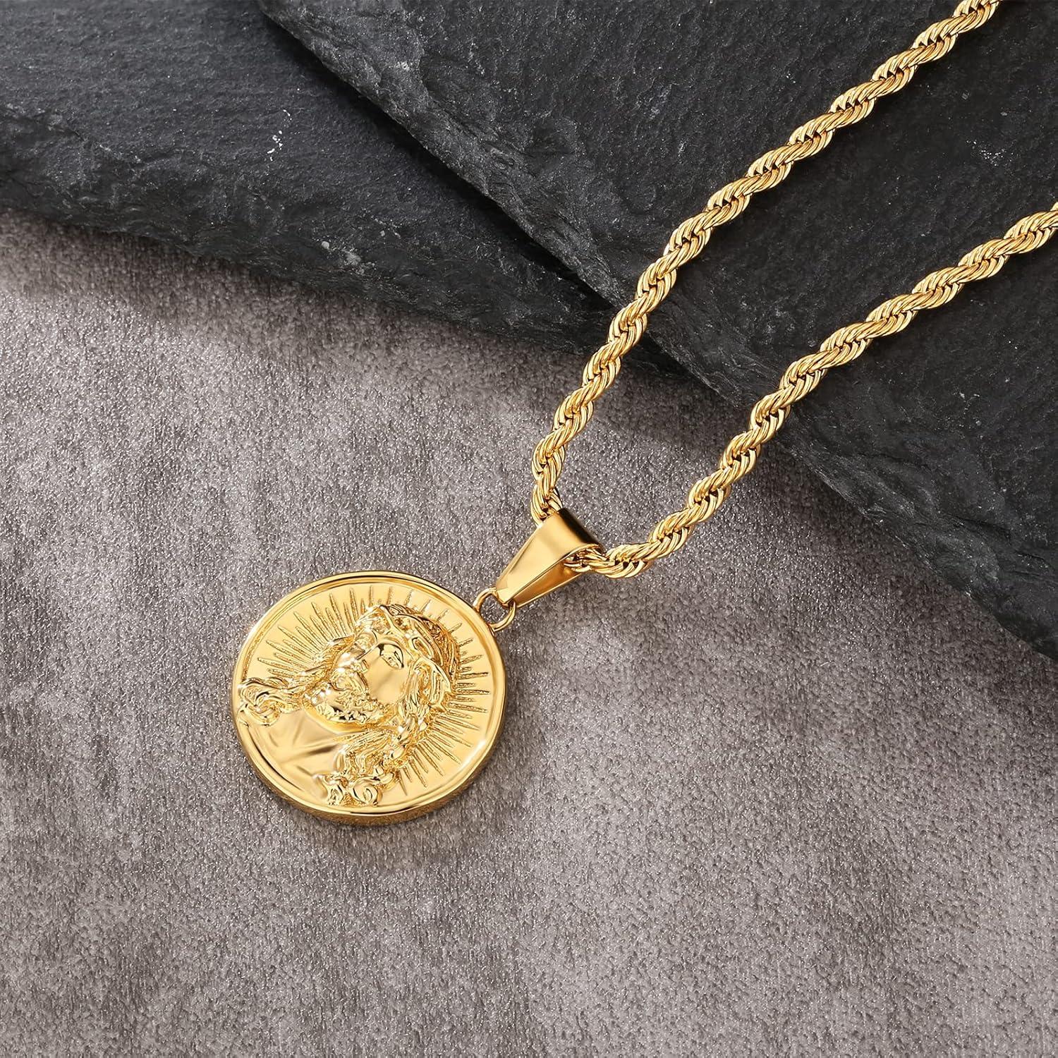 Herren Goldkette mit Jesus Anhänger 18K vergoldet, 55,9cm Kordelkette