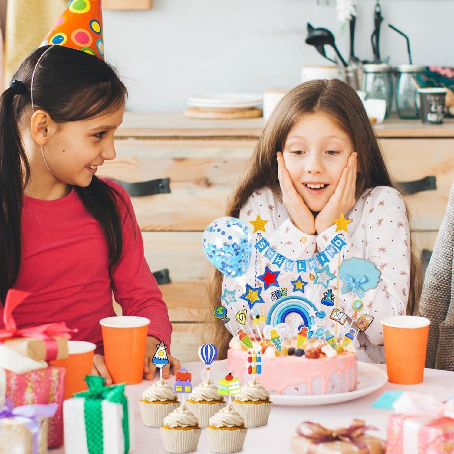 Tortendeko Einschulung Junge Schulkind Blau ABC 123 Ballon Zuckertüte