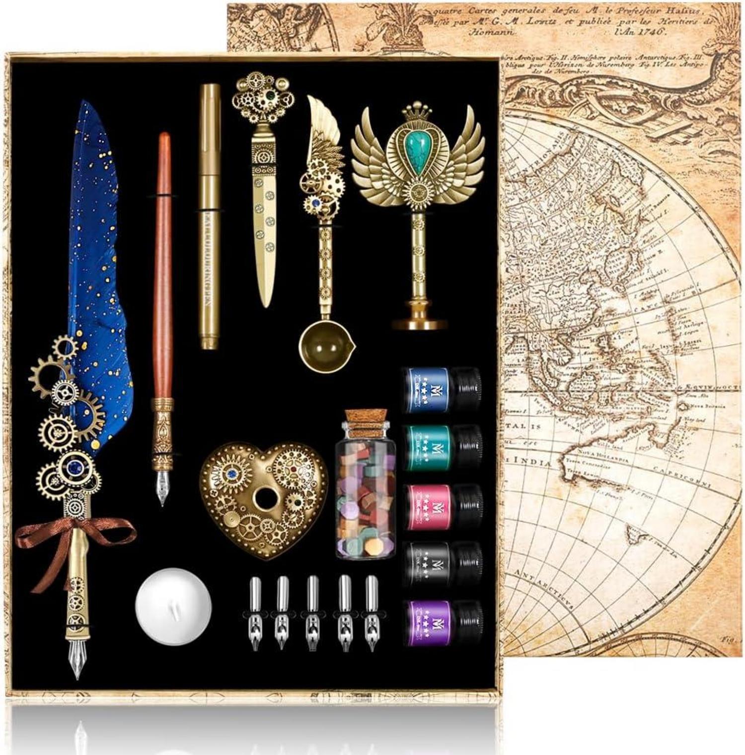 Federkiel und Tinte Set mit Seal und Wachsperlen - Blau