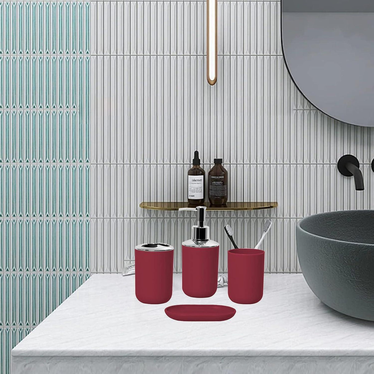 4-teiliges Badezimmer Set – Moderner Organizer in Weinrot