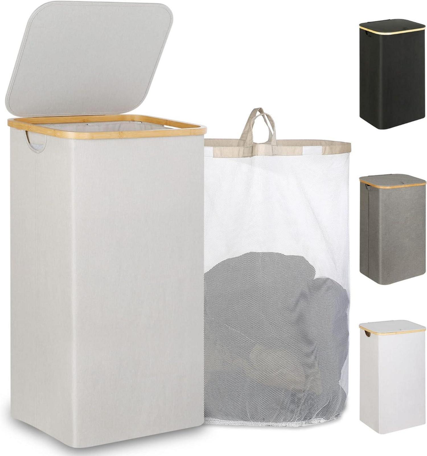Wäschekorb mit Deckel 110L XL Waschbarer Innentasche Hellgrau