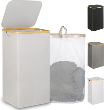 Wäschekorb mit Deckel 110L XL Waschbarer Innentasche Hellgrau