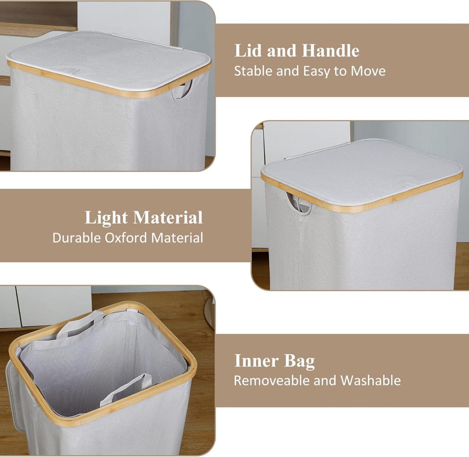 Wäschekorb mit Deckel 110L XL Waschbarer Innentasche Hellgrau