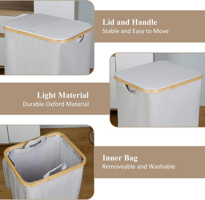 Wäschekorb mit Deckel 110L XL Waschbarer Innentasche Hellgrau